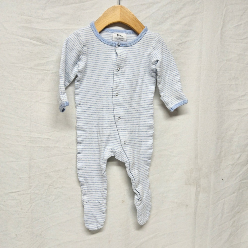 O2 Baby Footed Sleeper Infant 3-6 Months Blue White Striped Organic Cotton Snap
